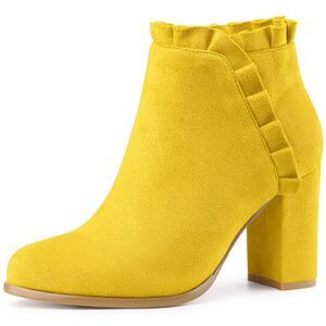 Round Toe Ruffle Ankle Boots Chunky Heel Boots Yellow
